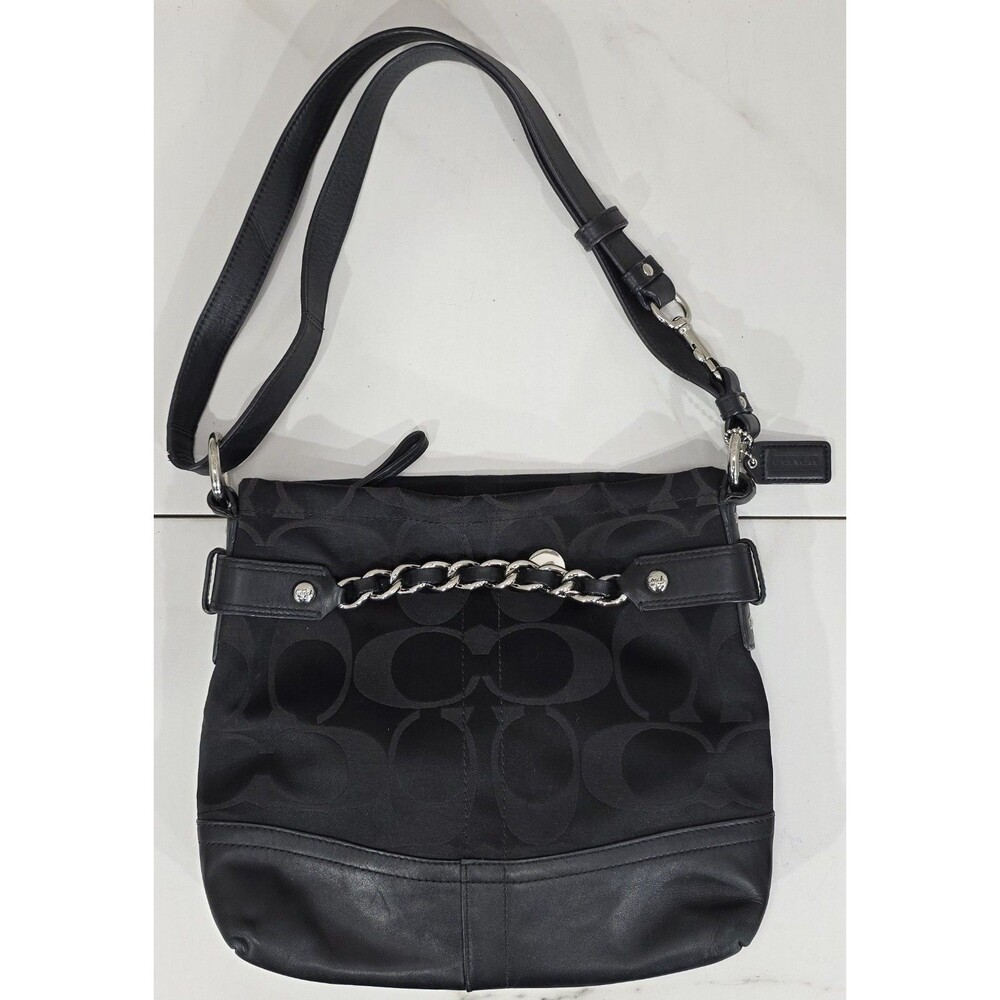 Coach Hobo Shoulder Bag Black Signature Optic Silver Chain Crossbody Y2K Indie